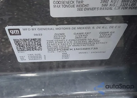 2022 Chevrolet Silverado 1500 4Wd Standard Bed Custom из США, поврежденный, VIN 3GCPDBEK1NG685735